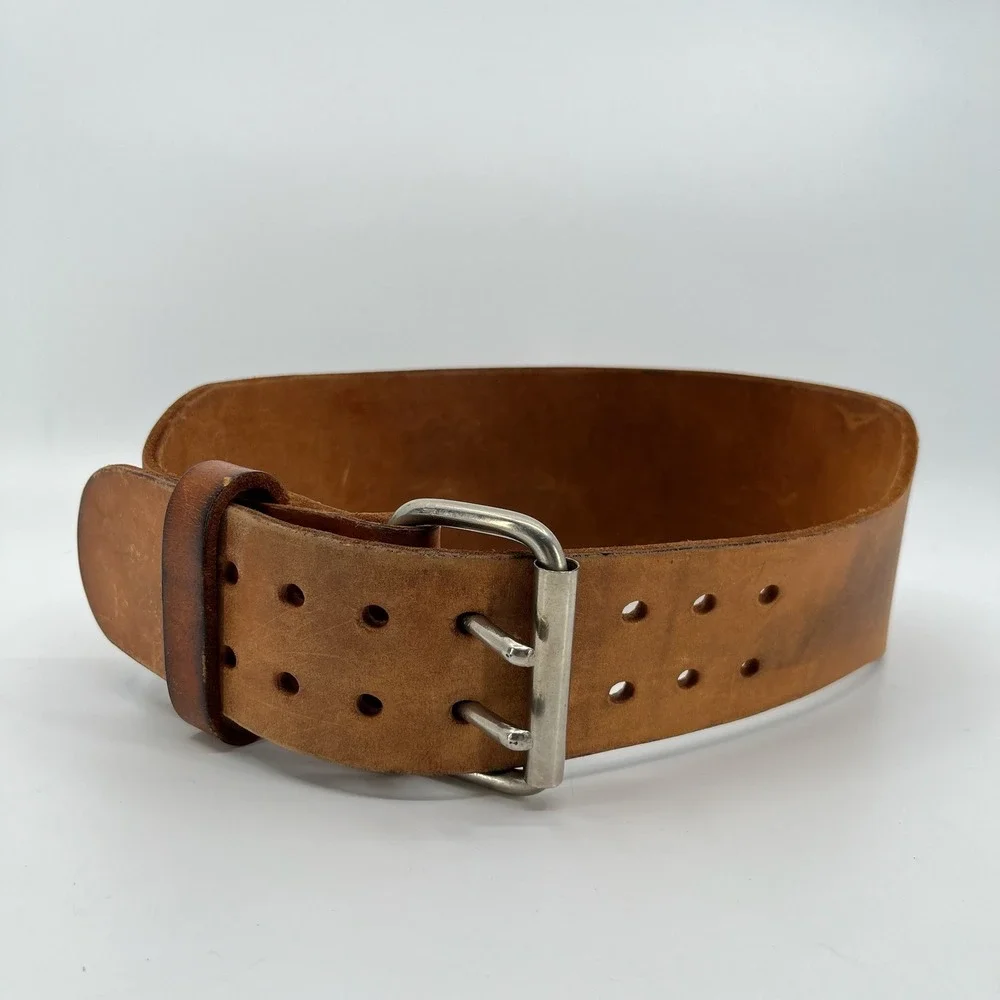 Vtg Leather Weightlifting Belt 32 Double Prong Wide Back Powerlifting Gym 37in
